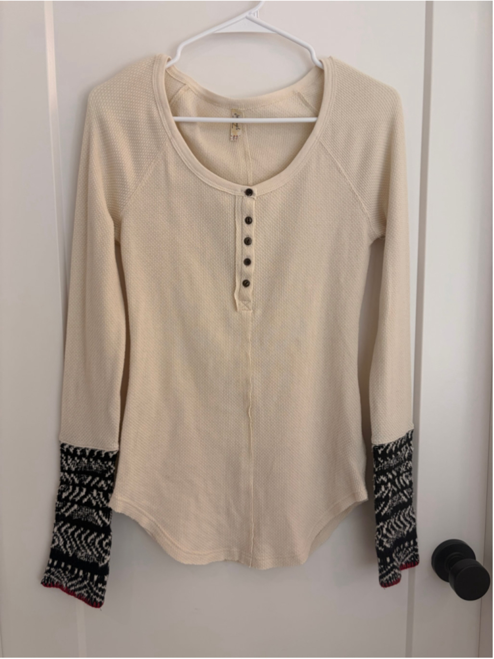 Free People Alpine Cuff Thermal Henley Waffle Knit Cream Black Medium